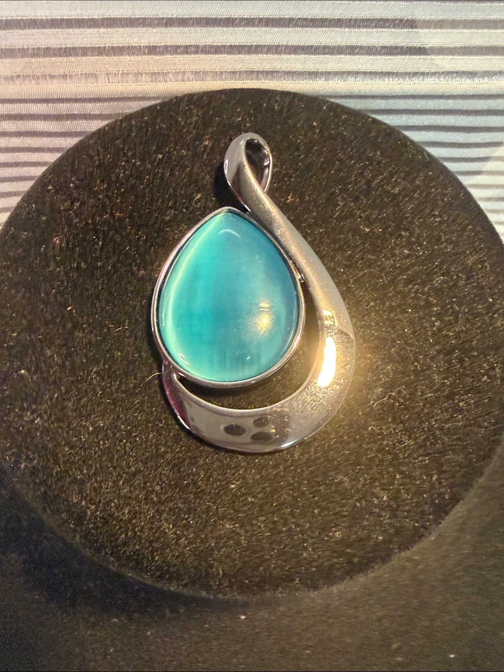 Lia Sophia Teardrop Aqua Cat's Eye Pendant Necklace in Silver-Tone
